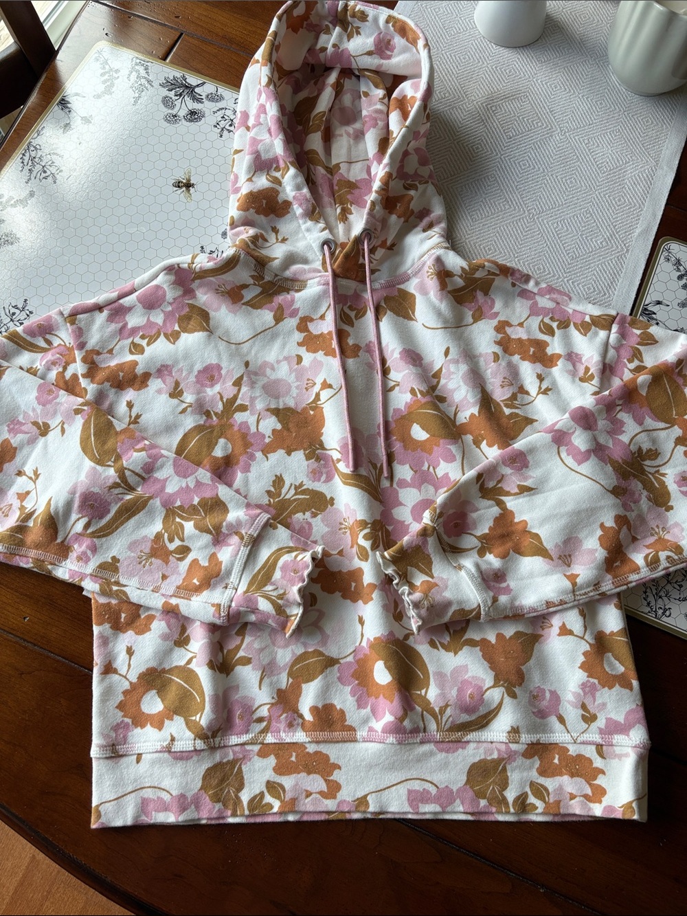 Floral Print Hooded Sweatshirt - Pink & Brown